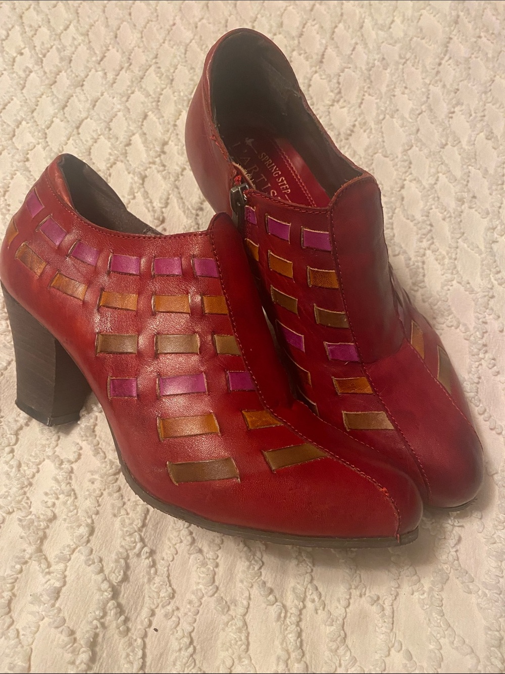 Spring Step L’Artiste Red Leather Heeled Ankle Boots with multi colored weave